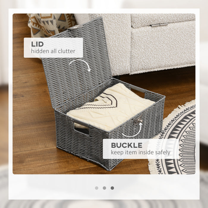 EasyComfort Set di 3 Cesti in Vimini PP con Coperchio di Diverse Dimensioni, Grigio