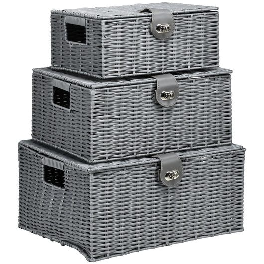 EasyComfort Set di 3 Cesti in Vimini PP con Coperchio di Diverse Dimensioni, Grigio
