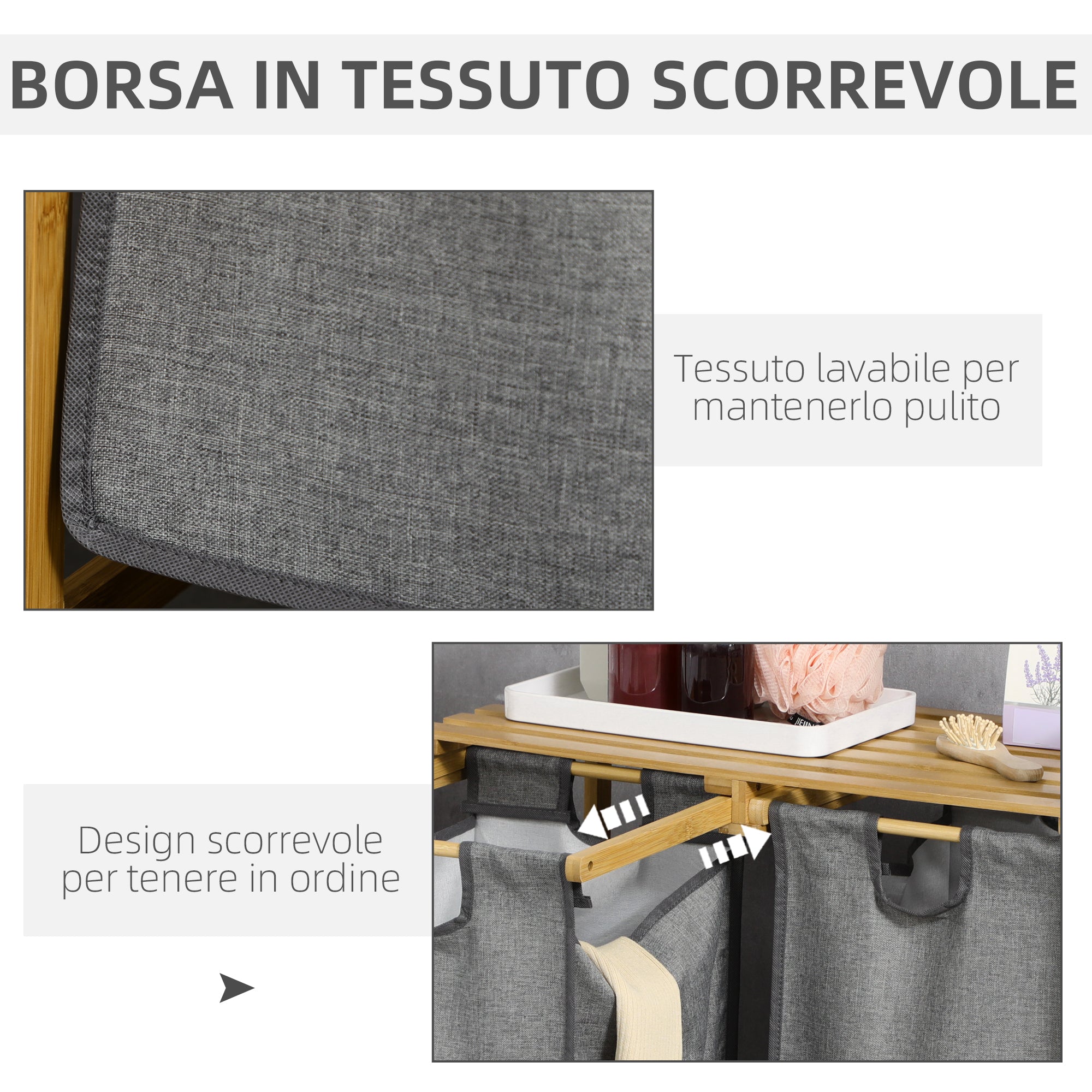 Easycomfort Portabiancheria in Legno di bambù con Doppio cesto Estraibile e Ripiano a Doghe, 63.5x33x73cm Grigio