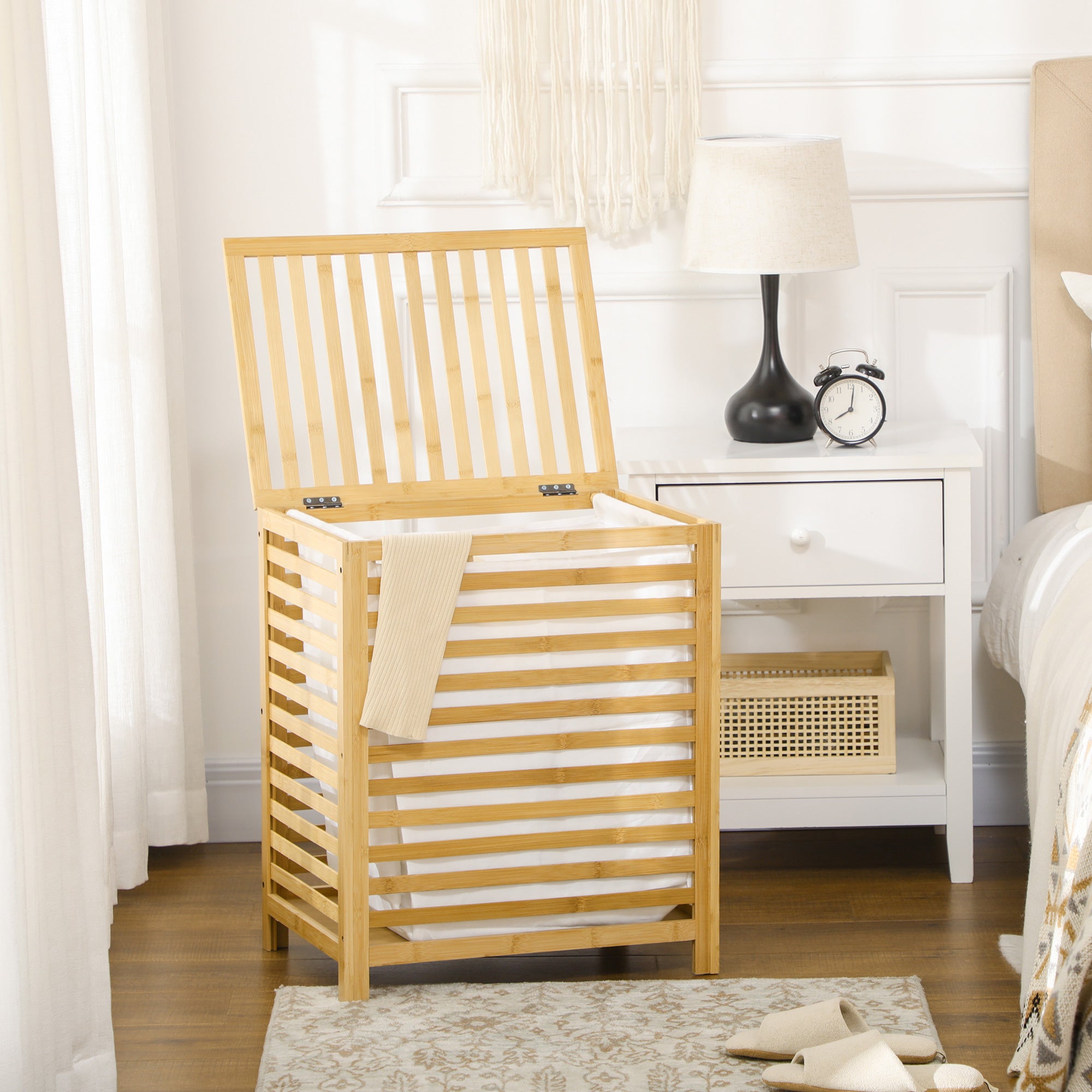 EasyComfort Cesto Portabiancheria a Doghe in Bambù e Tessuto con Coperchio e Sacca Rimovibile, 50x36x60 cm