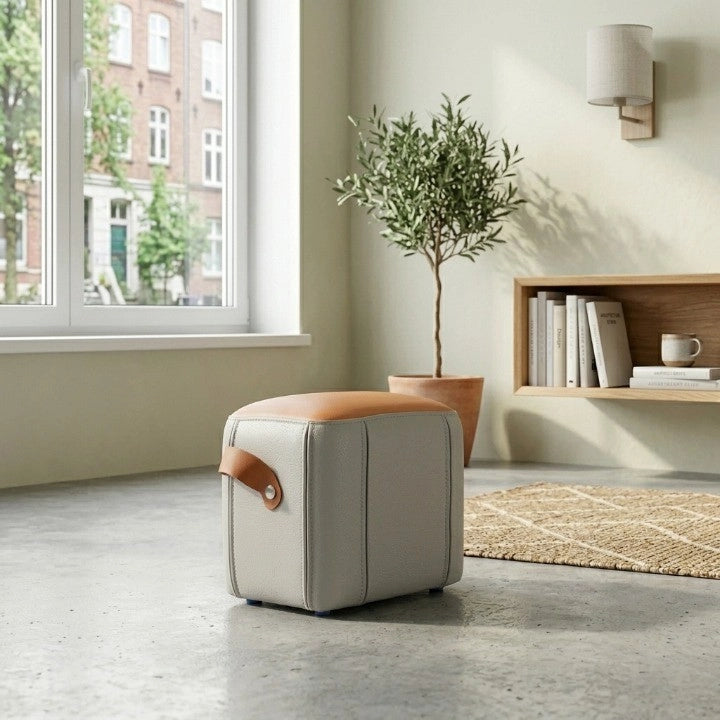 Hocker moderno in PU con maniglia, seduta imbottita grigio e arancione