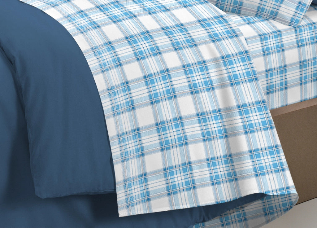 Completo Lenzuola Linea Pensieri Delicati 100% Cotone Orsetto Tartan Primavera - Piazza E Mezza - Azzurro