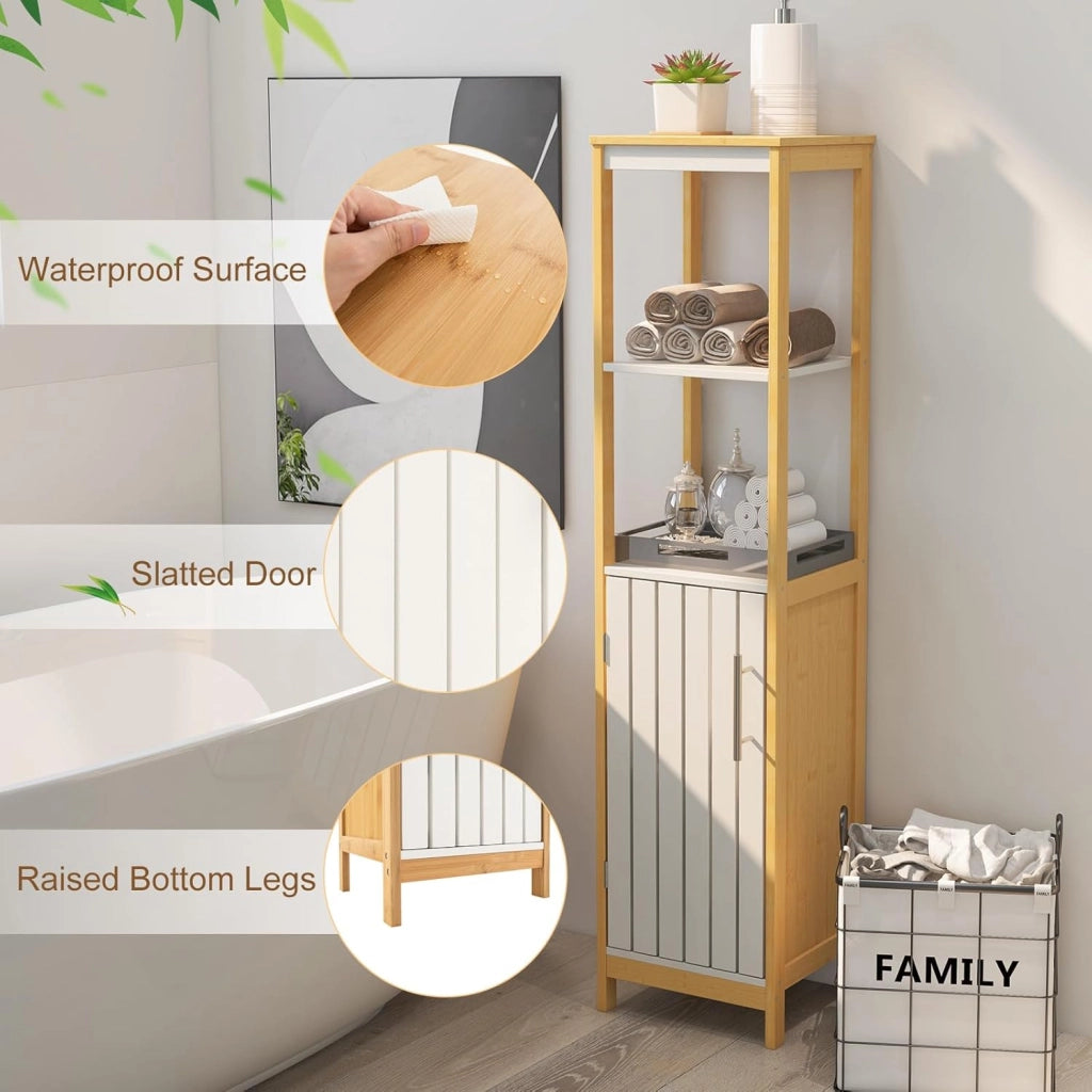Armadio da bagno in bambù, mobile indipendente con porta, scaffale regolabile e ripiani aperti, torre della biancheria sottile e stretta, per bagno, ripostiglio, cucina