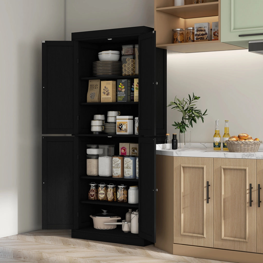 Mobile Cucina Alto con 6 Ripiani Regolabili e 4 Ante in Legno, 76x40.5x184 cm, Nero
