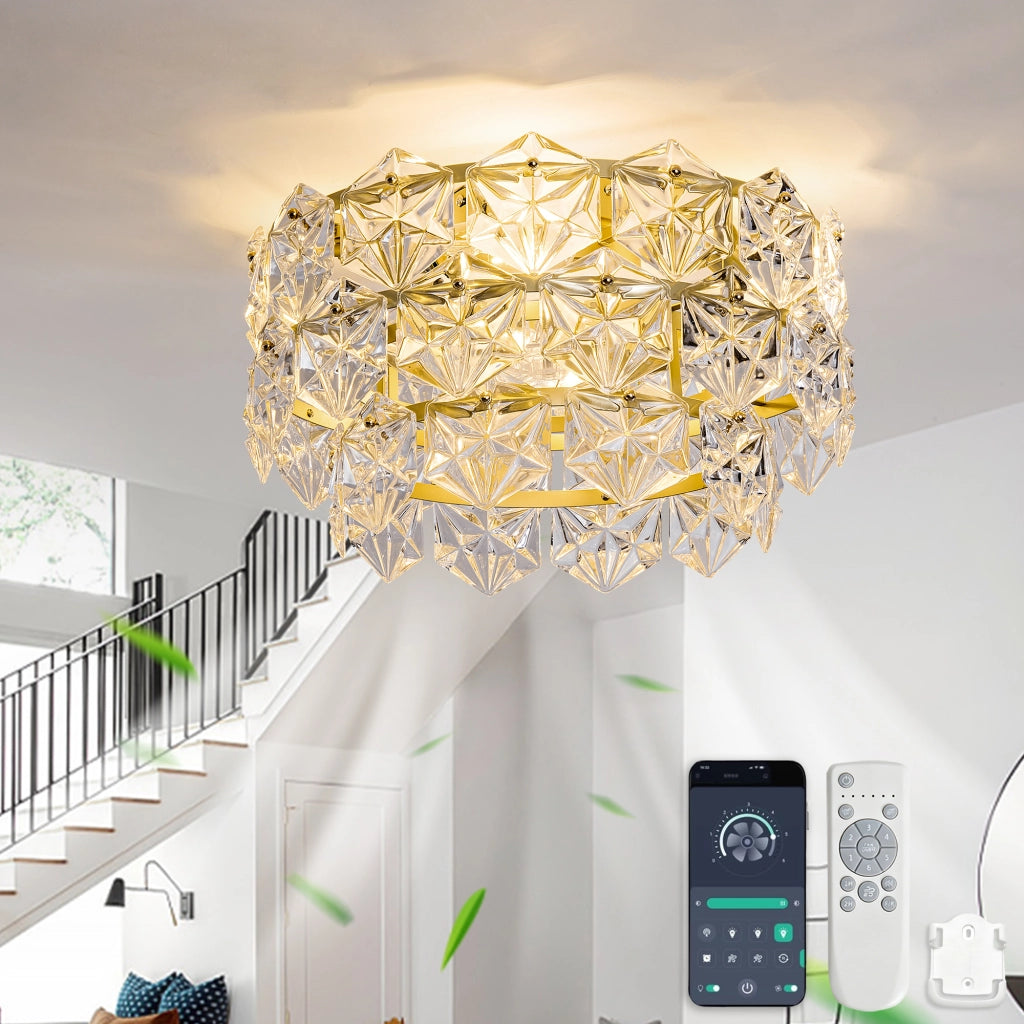 Ventilatore da soffitto 19 pollici con lampadario cristallo, stile lusso oro, motivo rombi, pale ABS, compatibile app, 6 velocit¨¤ reversibili