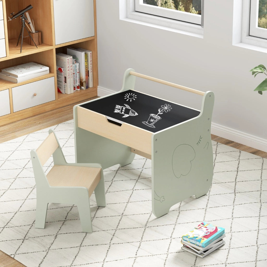 Set tavolo e sedia per bambini con piano rimovibile 2-in-1-Set scrivania in legno con spazio di archiviazione Verde