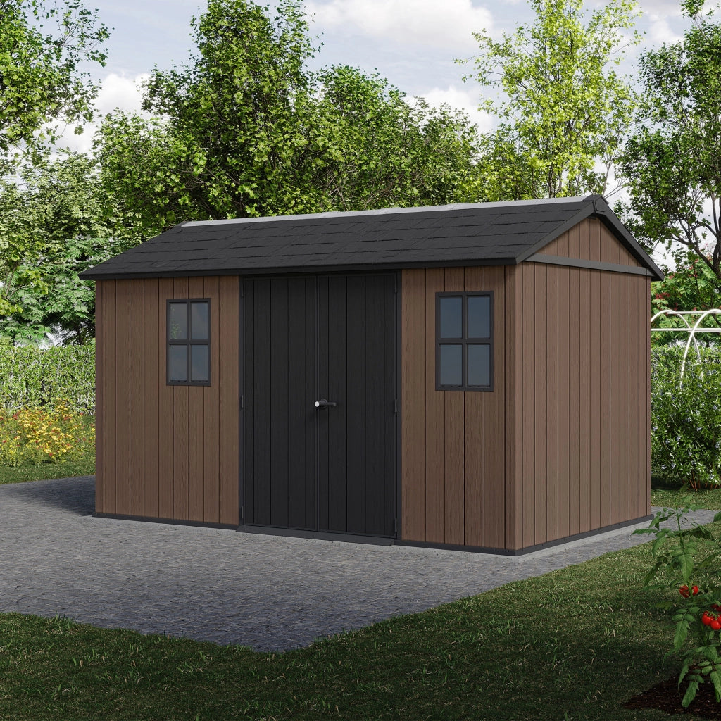 Newton + 7513/1375- Casetta da Giardino 413x246x230 cm 2 Ante per deposito attrezzi finitura effetto legno Evotech+ in Resina Marrone e Nero