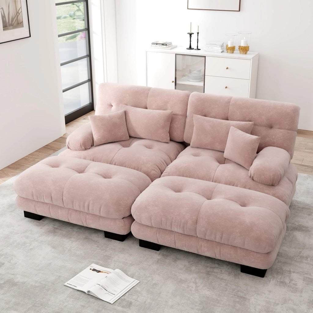 Divano modulare in chenille con cuscini lombari, pouf mobili e braccioli imbottiti per soggiorno rosa