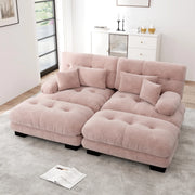 Divano modulare in chenille con cuscini lombari, pouf mobili e braccioli imbottiti per soggiorno rosa