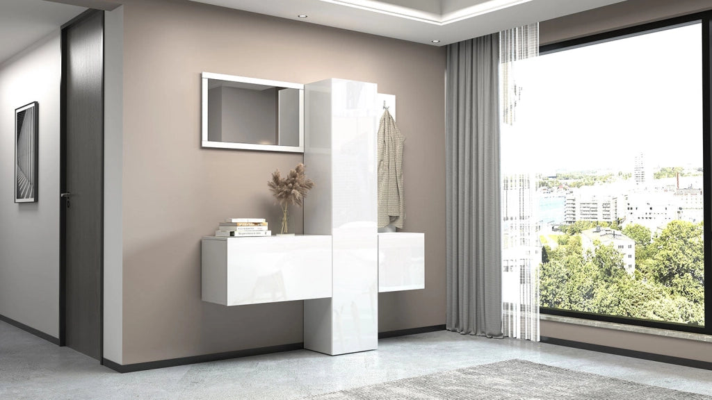 Mobile Ingresso Appendiabiti e Specchio 170x35x191 cm Kompact Bianco Lucido
