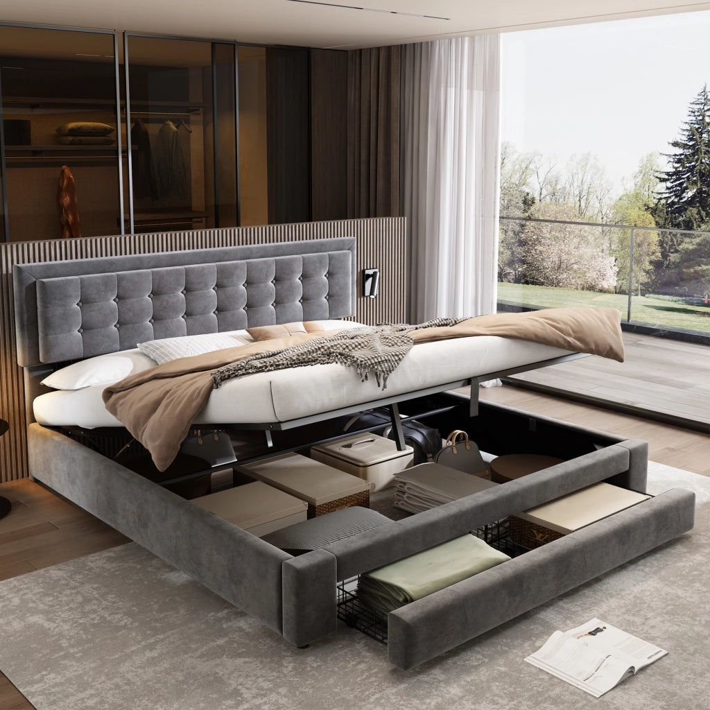 Letto contenitore 160x200 cm in velluto grigio con testiera regolabile