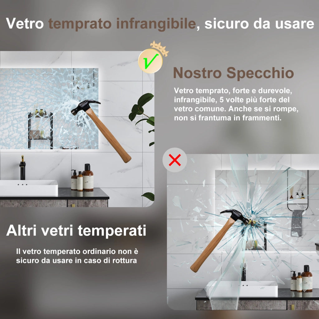 AICA Specchio da bagno 80 x 60 cm, dimmerabile, Funzione Memoria, antiappannamento, 3 colori
