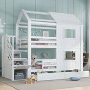 Letto a castello per bambini con scala armadio e cassetto, 90x200 cm, bianco