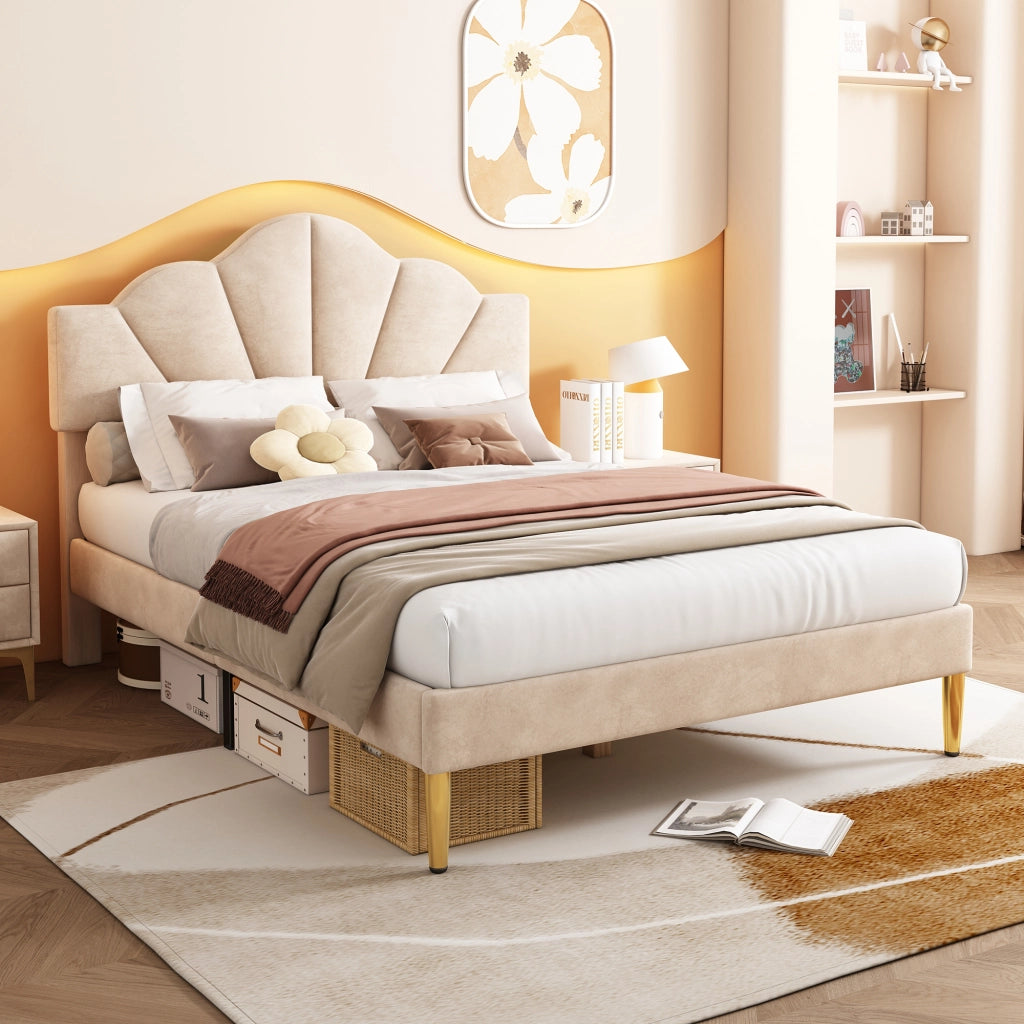 Letto matrimoniale imbottito in velluto beige 140x190 cm con testiera regolabile e rete a doghe