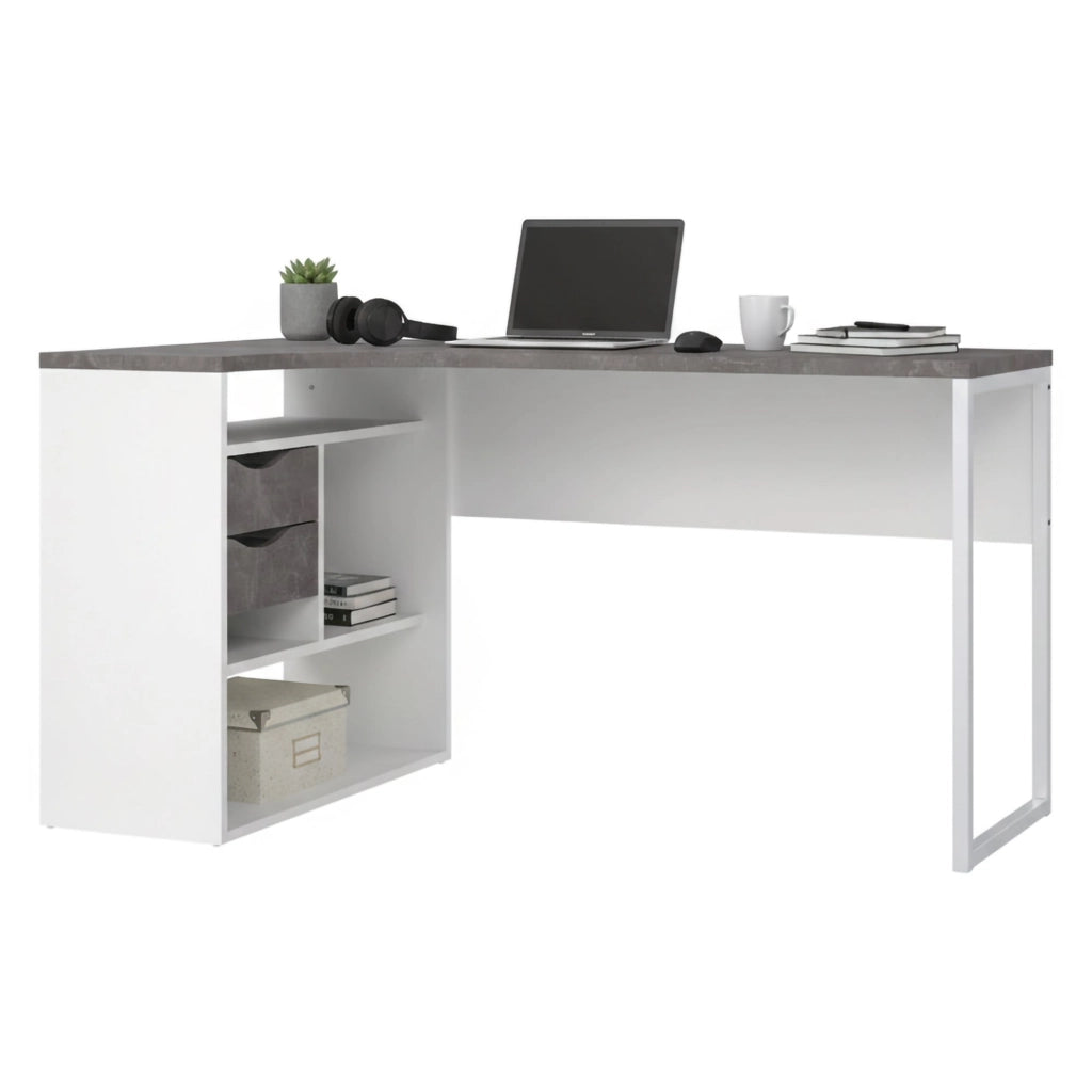 Scrivania Moire, Scrittoio multiuso, Tavolo per ufficio porta PC, Piano di lavoro, 145x81 h77 cm, Bianco e Grigio