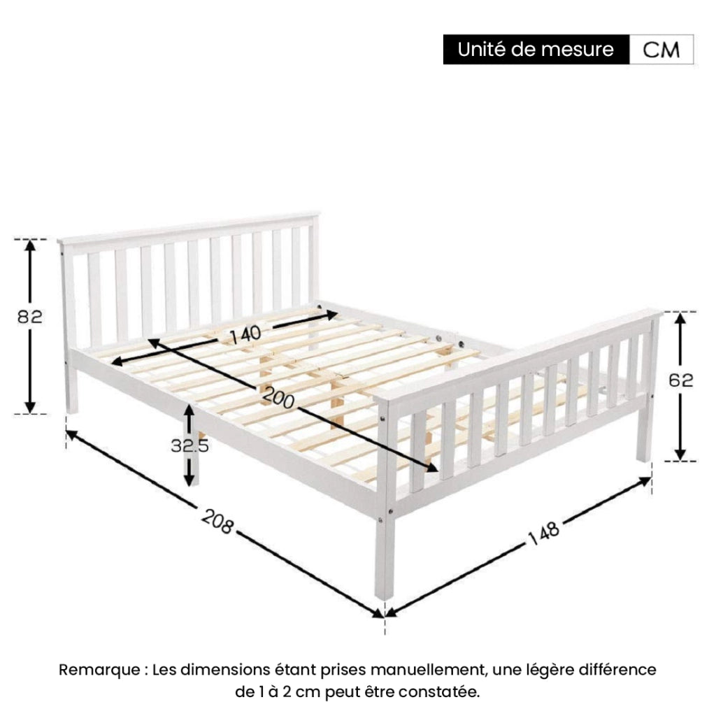 Letto Matrimoniale 140 x 200 cm con Rete a Doghe - in Legno Massello e Bianco