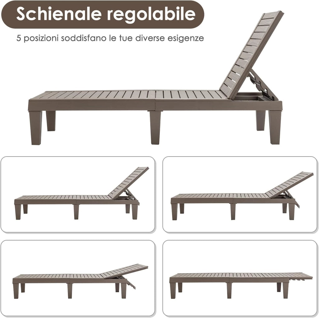 Lettino Prendisole da Giardino, Sdraio da Giardino Con Schienale Regolabile a 5 Livelli, Chaise Longue Impermeabili da Esterno, per Spiaggia Piscina Giardino, Portata 180 kg (2, Marrone)