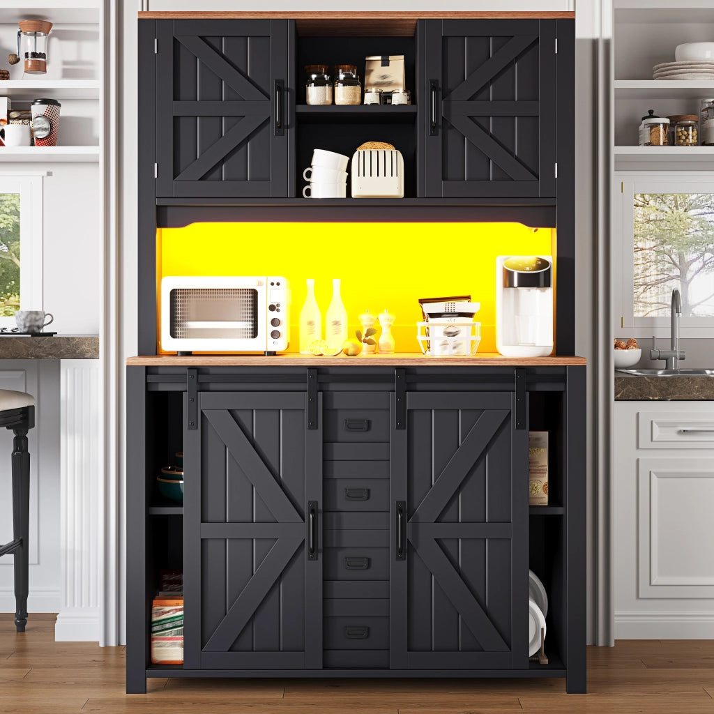 Credenza da cucina alta 115 x 40 x 174,7 cm con ripiani regolabili, ante scorrevoli e illuminazione LED