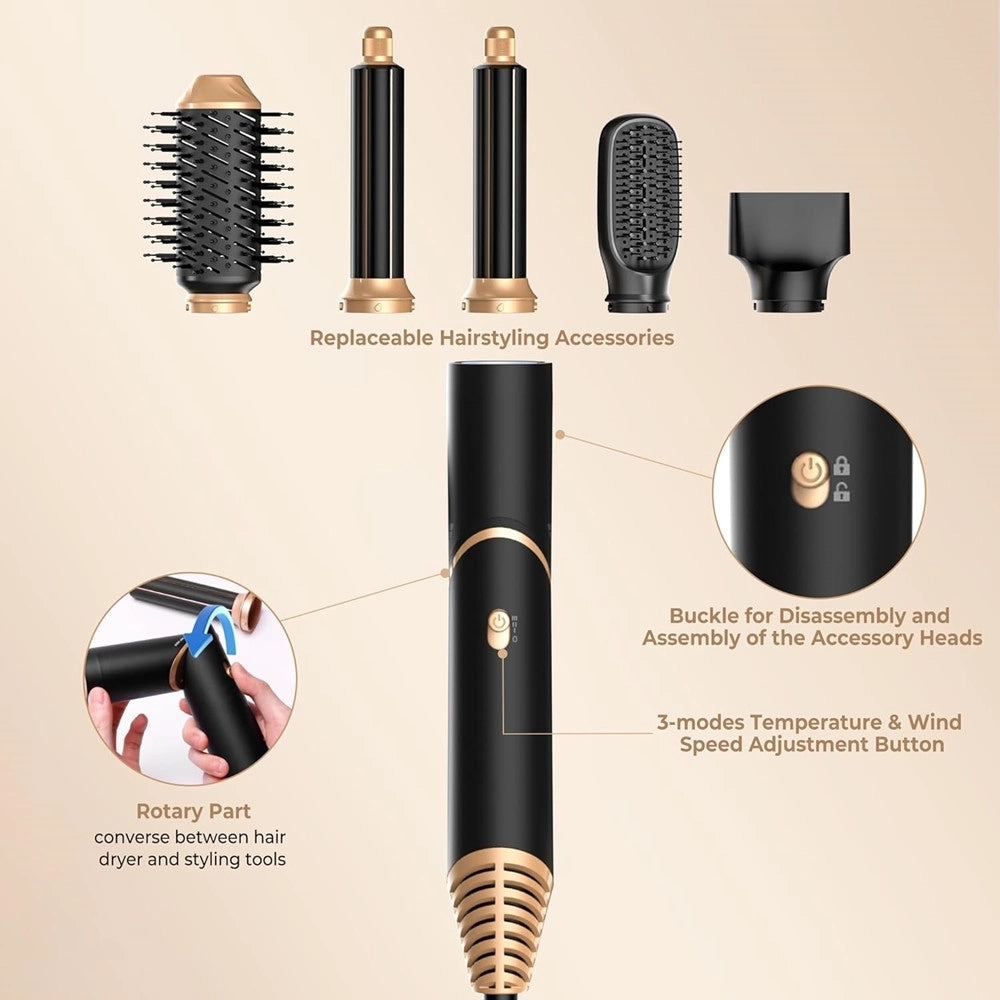 Trade Shop - Air Styler 5in1 Spazzola Capelli Ad Aria Calda Asciugacapelli Liscio Onde Ricci Multifunzione -