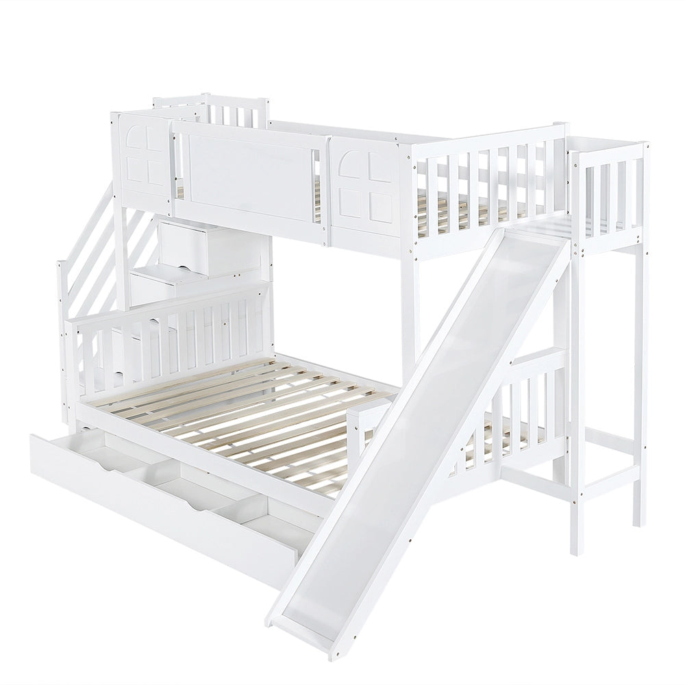Letto a castello con scivolo e cassetti - Xylo - 90x200cm bianco, 4 ripiani