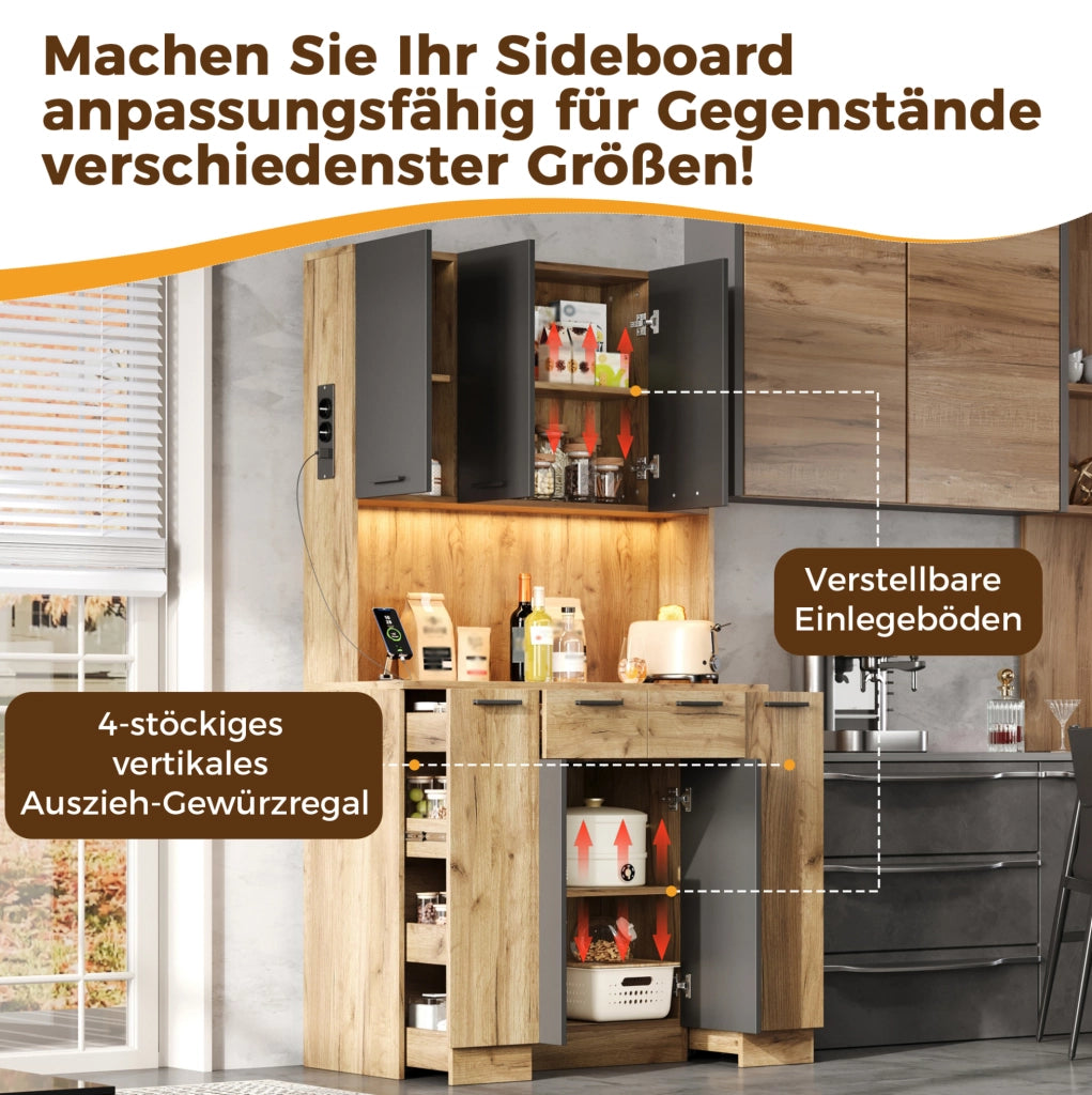 Armadio alto da cucina con LED, prese integrate e ripiani regolabili
