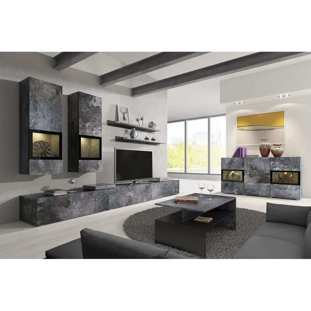 Tavolino design RAMOS - Grigio effetto ardesia e nero - Ripiano intermedio - Stile contemporaneo