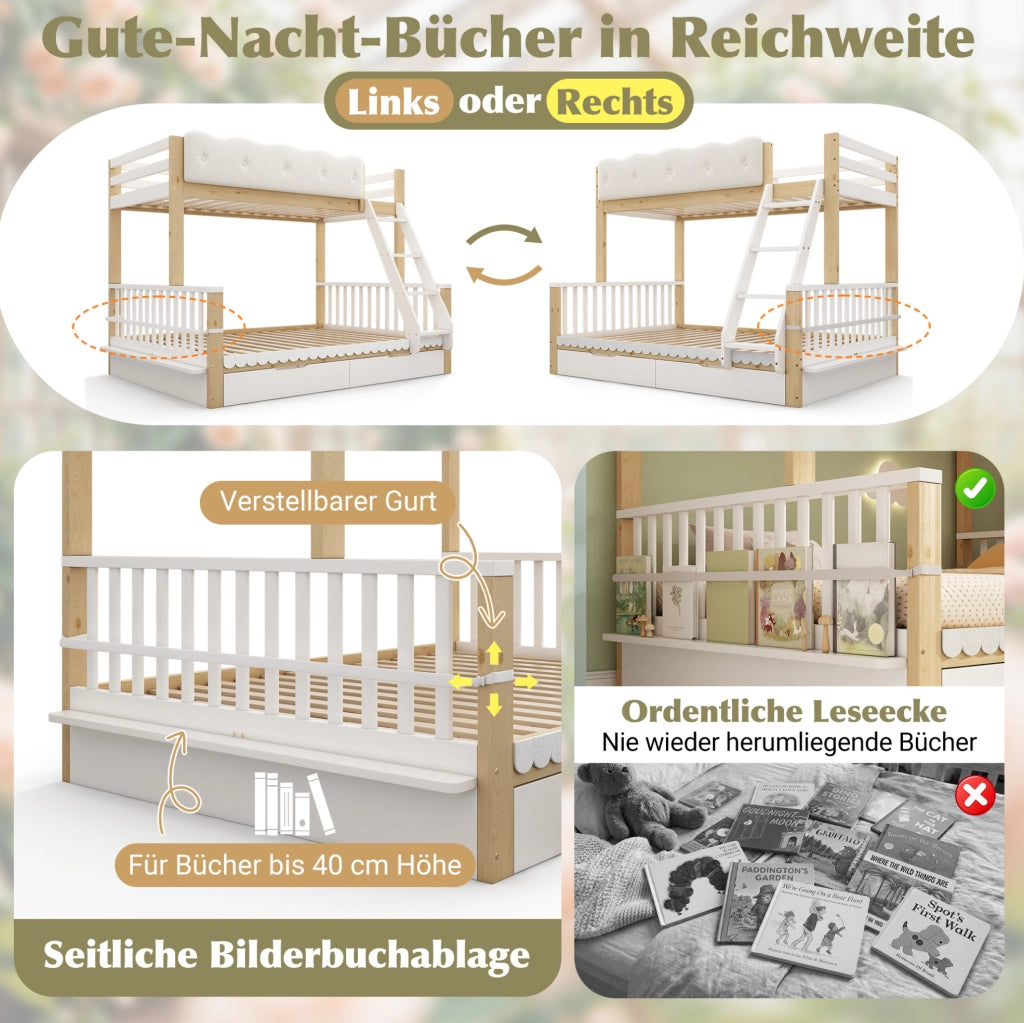 Letto a castello 90x200/140x200 cm con cassetti e portariviste; bianco e rovere