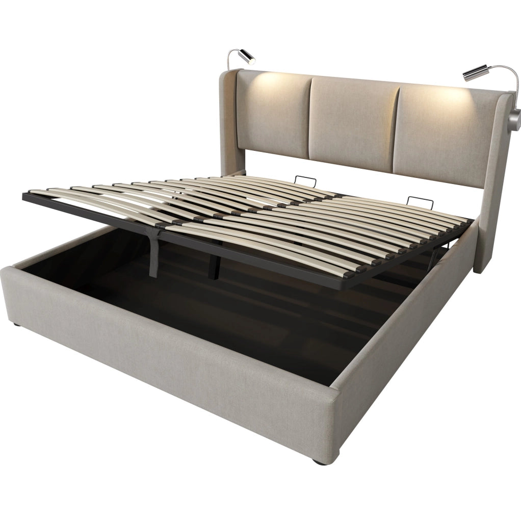 Letto matrimoniale imbottito 140x200 cm con contenitore; luce da lettura e USB; beige in lino