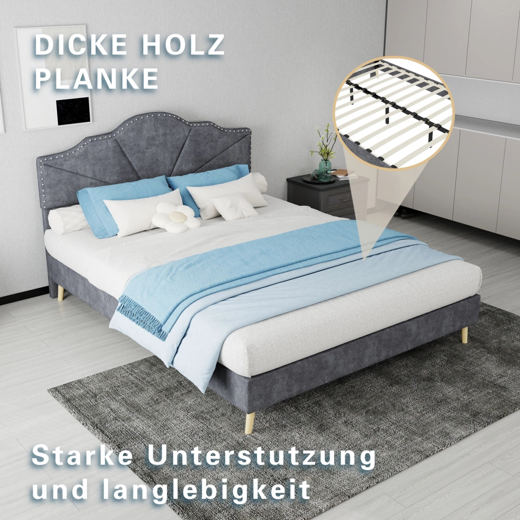 DESMIU Letto 140 × 200 cm 2 posti con testiera geometrica, senza materasso, in tessuto e metallo, grigio