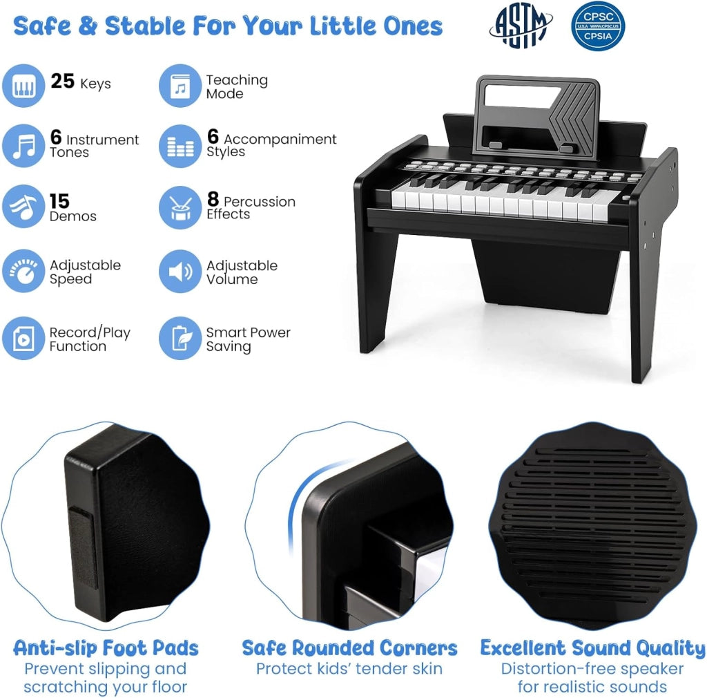 Tastiera a 25 tasti per bambini, pianoforte elettronico con tasto luminoso e leggio, pianoforte digitale per bambini di 18+ mesi, registrazione e lettura, modalità di apprendimento (nero)
