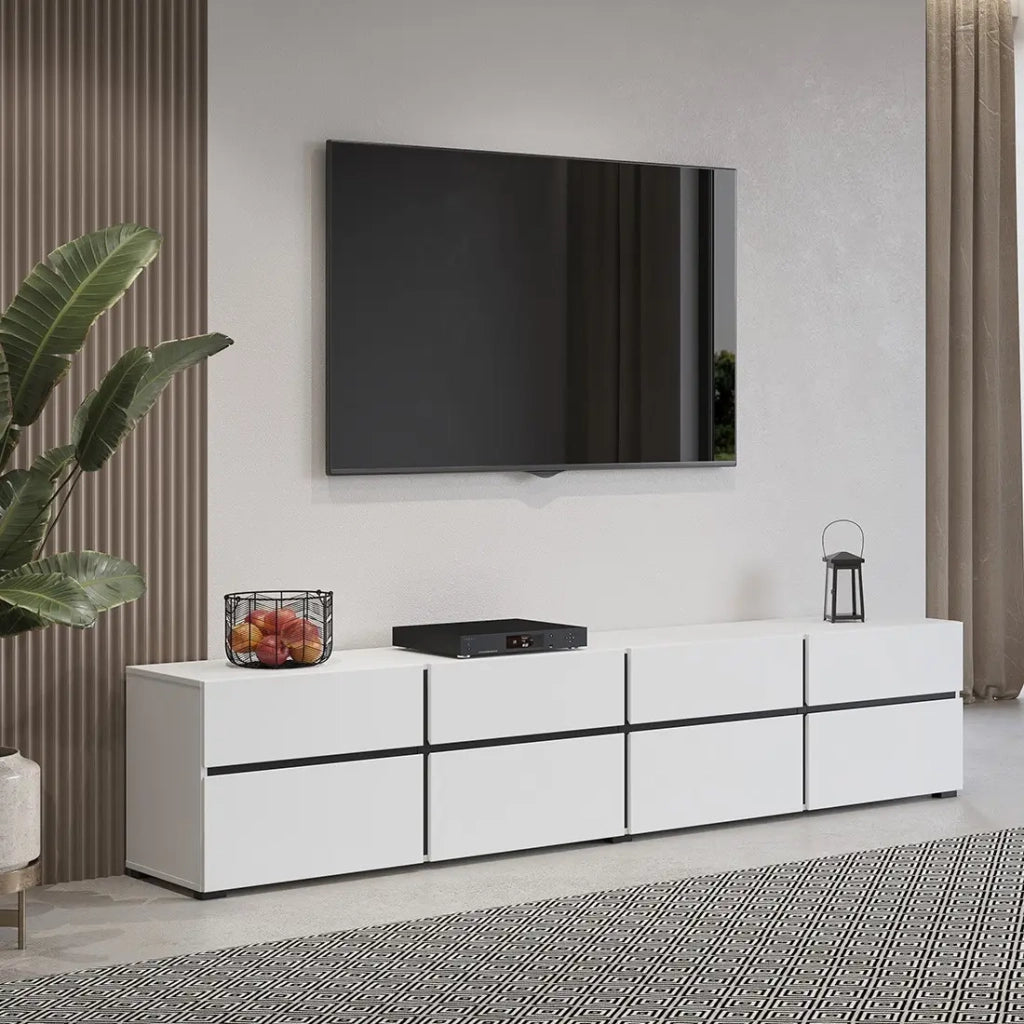 Mobile TV XL colori bianco e nero 225cm collezione HAVANA. Mobile design con 4 porte e 4 cassetti.