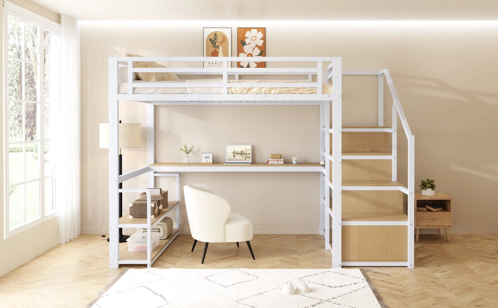 Letto a castello in metallo bianco con funzione contenitore e scrivania 140x200 cm