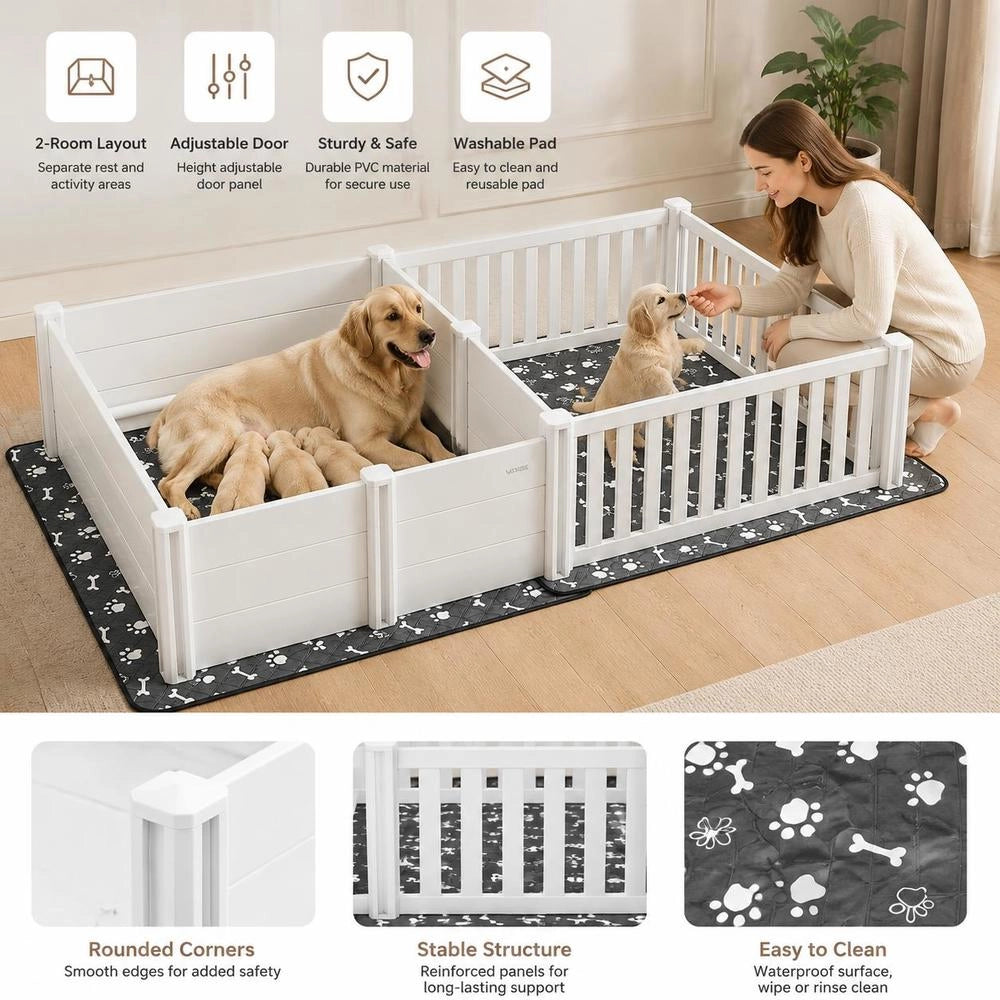 Whelping Box For Dogs, 237x123x46 Cm, Puppy Playpen Made Of PVC Plastic With Height-adjustable Door And Washable Pee Pad, 2-room Layout, Puppy Box For Extra-large Dogs, Milk White