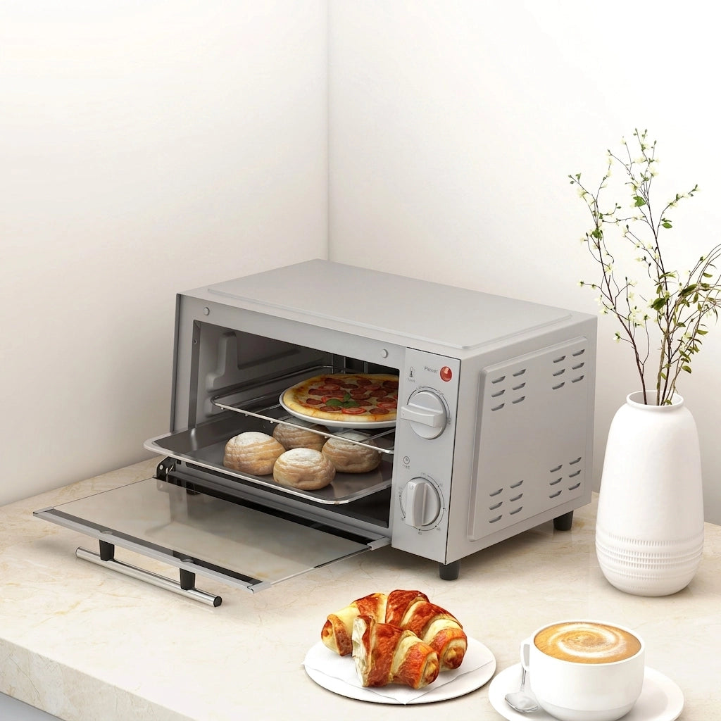 Mini Forno Elettrico 9 L 750 W Argento con Temperatura 100-230°C; Timer 60 Min; Teglia e Griglia