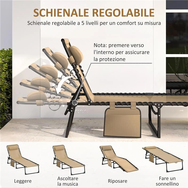 SDRAIO DA GIARDINO PIEGHEVOLE CON SCHIENALE RECLINABILE SU 5 POSIZIONI E CUSCINO, 185X58X30CM, BEIGE