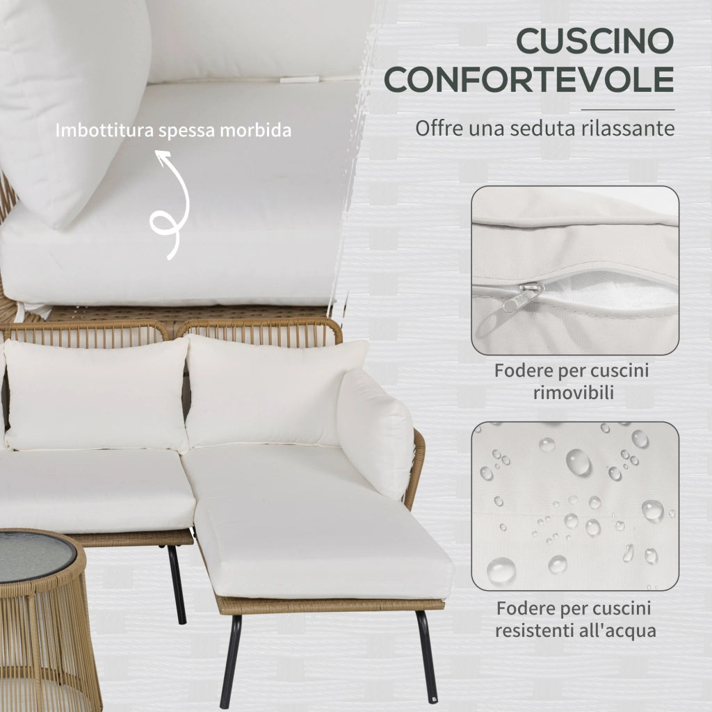 EasyComfort Set da Giardino in Rattan Stile Boho Chic con Divano Angolare e e Tavolino, Crema e Caffè
