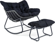 Sedia a Dondolo da Interno ed Esterno, Poltrona a Dondolo con Poggiapiedi e Cuscini Rimovibili, Poltrona Relax in Rattan con Telaio in Metallo per Soggiorno e Giardino, Portata 150 kg (Nero)