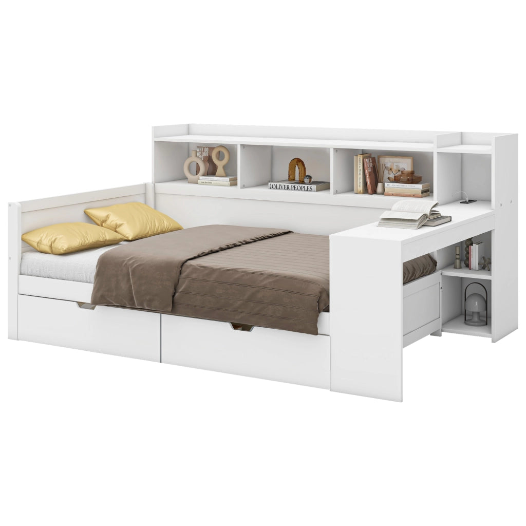 OKWISH Letto a Divano 90×200 cm, Letto Singolo con Presa, USB, 2 Cassetti, Scrivania e Mensole, senza Materasso, Bianco