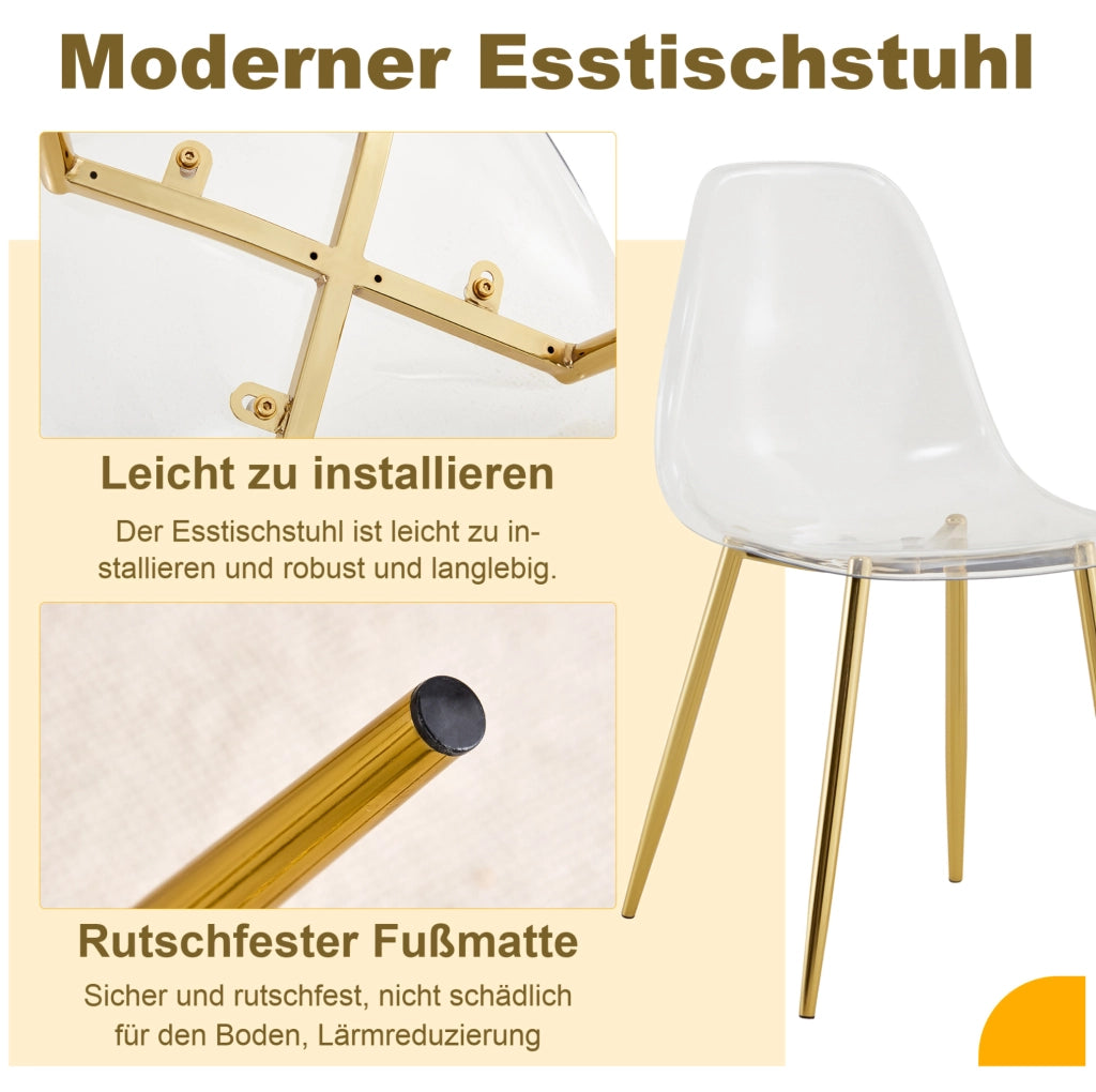 Set 4 sedie da pranzo trasparenti con gambe in metallo oro; 83 cm; plastica e metallo