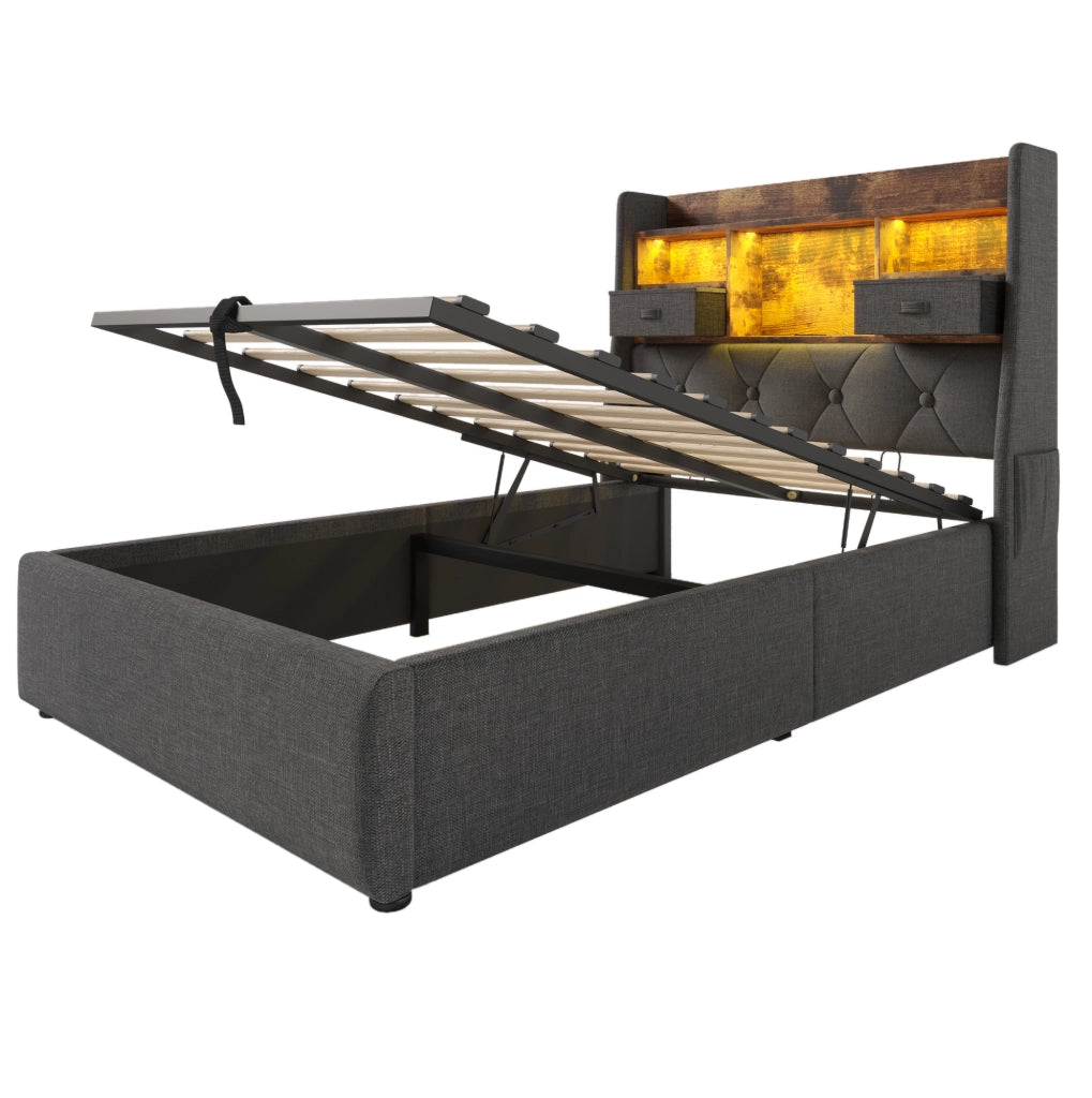 Letto imbottito 90x200 cm in lino grigio con contenitore idraulico; testiera LED e porte USB