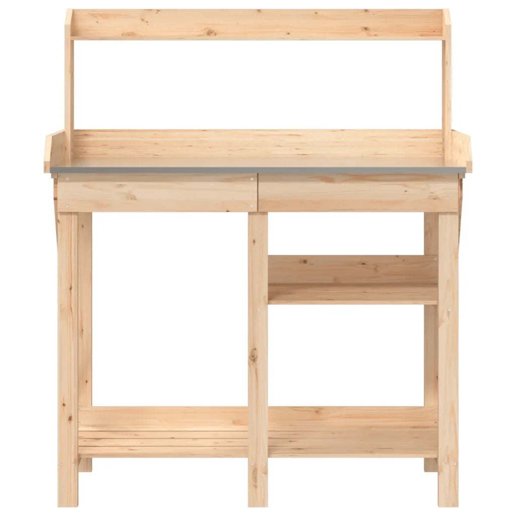 Banco da giardinaggio da esterno con ripiani 110 x 45 x 125 cm pratico spazio contenitore design naturale realizzato in legno di abete 02_0047464