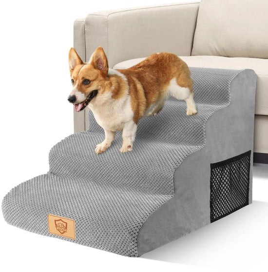 Trappola per cani 4 gradini, Helling per cani per divano, Realizzata con schiuma di alta qualità, Trappola per animali domestici con fodera in peluche lavabile e pavimento antiscivolo per gatti grandi e piccoli e cani, Grigio