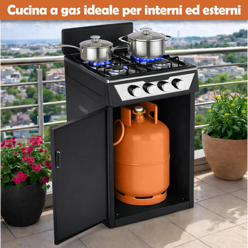 Cucina a Gas 4 Guochi da Esterni con Portabombola e Paravento Compatta Nero