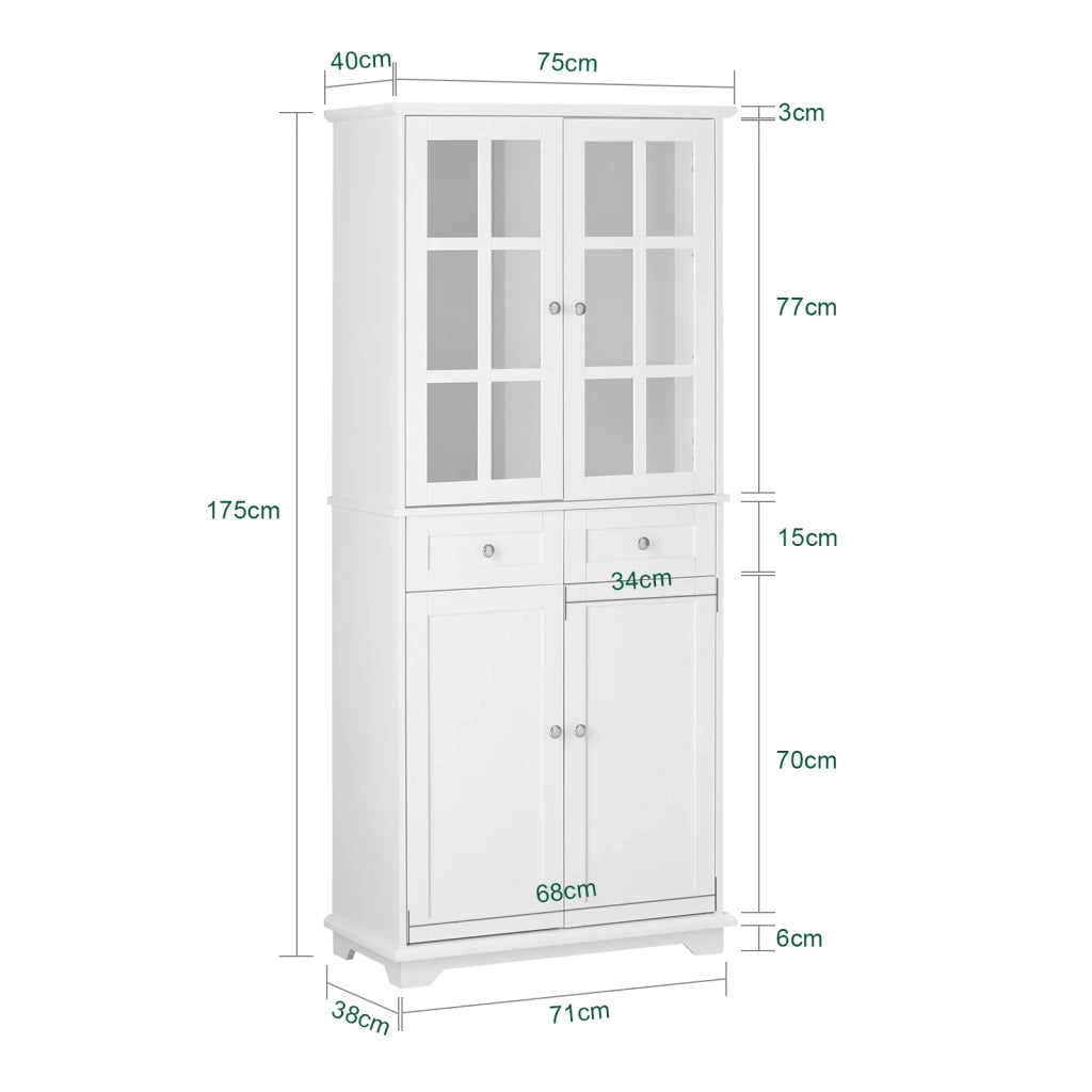 Credenza Alta Per Cucina Mobile Buffet In Legno Con 6 Scomparti E 2 Cassetti Armadio Dispensa In Stile Moderno Bianco 75x40x175cm FSB76-W