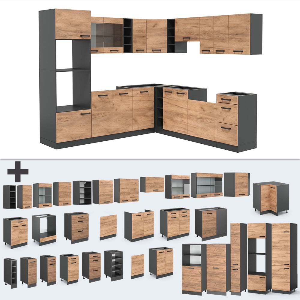 Vicco Cucina angolare completa Quercia dorata/antracite 237 x 60 cm senza piano di lavoro