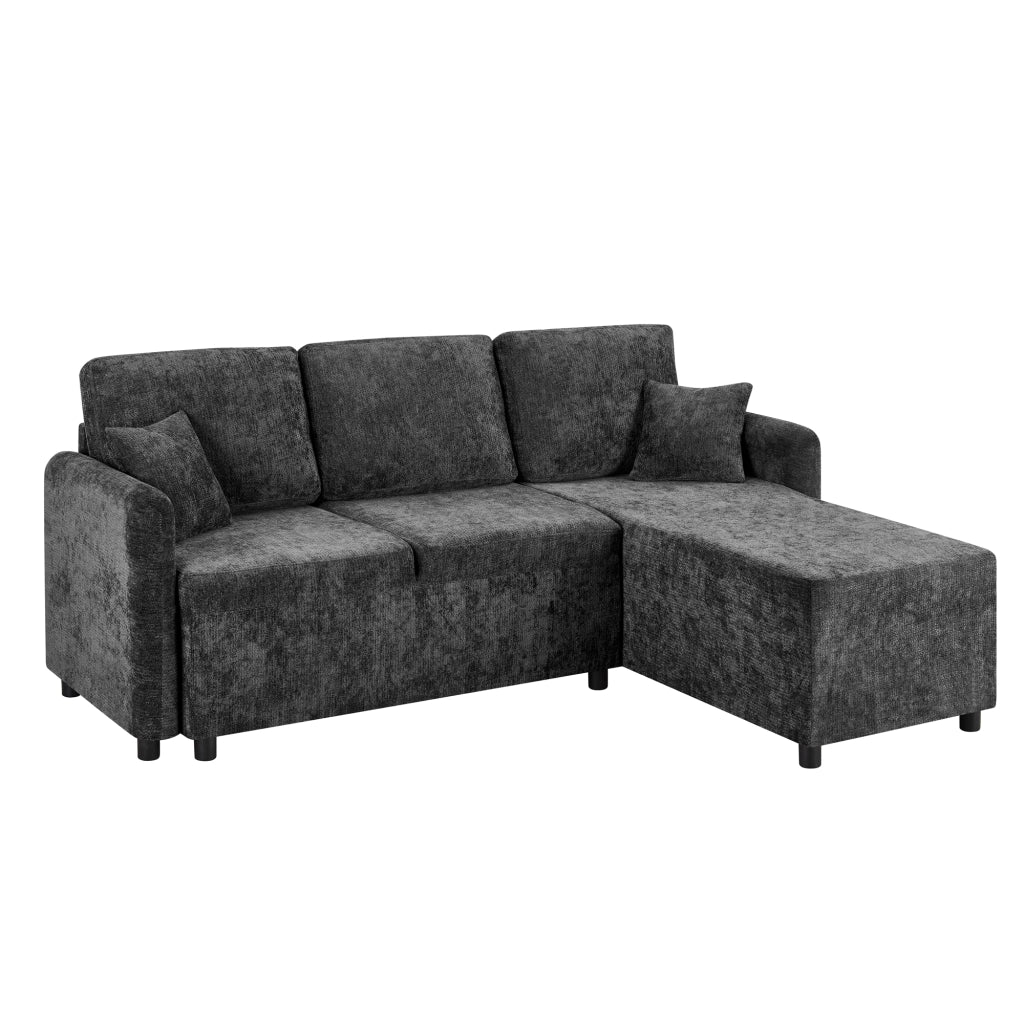 Divano angolare 3 posti - con area relax a L e 2 cuscini - in chenille nera