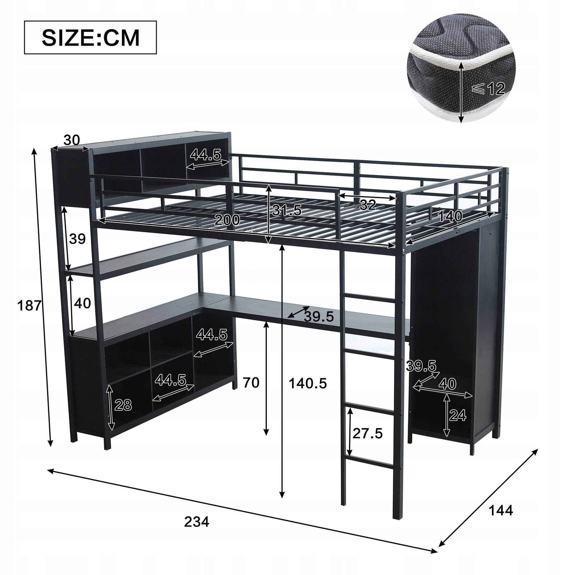 Letto a castello con scrivania e armadio - Xylo - 140x200 cm nero