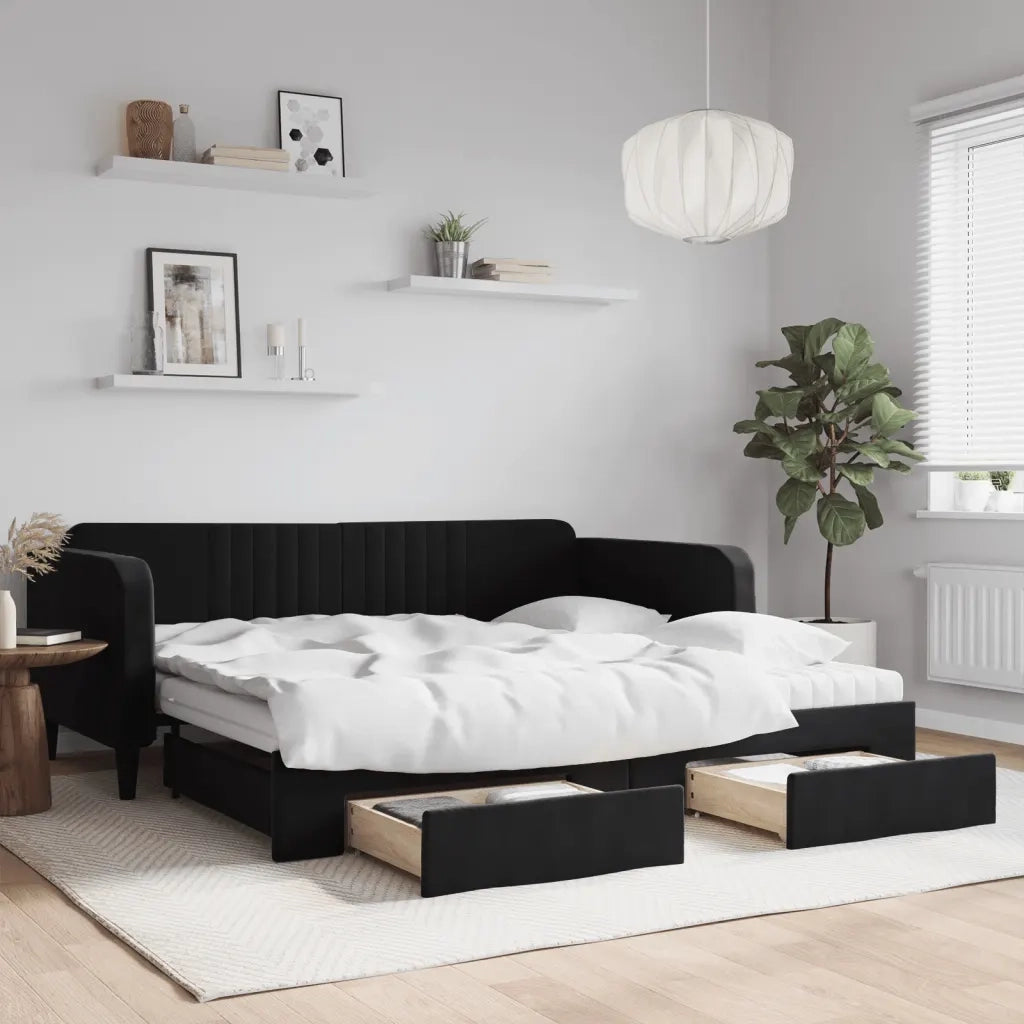 Divano Letto Estraibile con Cassetti Nero 100x200 cm in Velluto 3197146