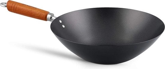 Wok in acciaio di carbonio senza aderenza 31cm classico maniglia in legno non in acciaio inossidabile con fondo piatto non lavastoviglie 2 anni di garanzia