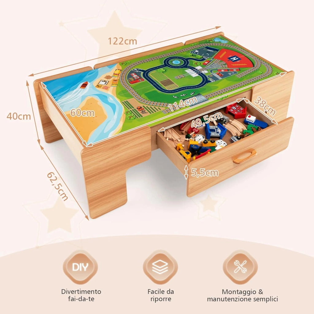 Tavolo e Set Treno Giocattolo in Legno, Set da Gioco Creativo Treni e Binari per Bambini con 100 Pezzi, Trenino per Bambini Anni 3+